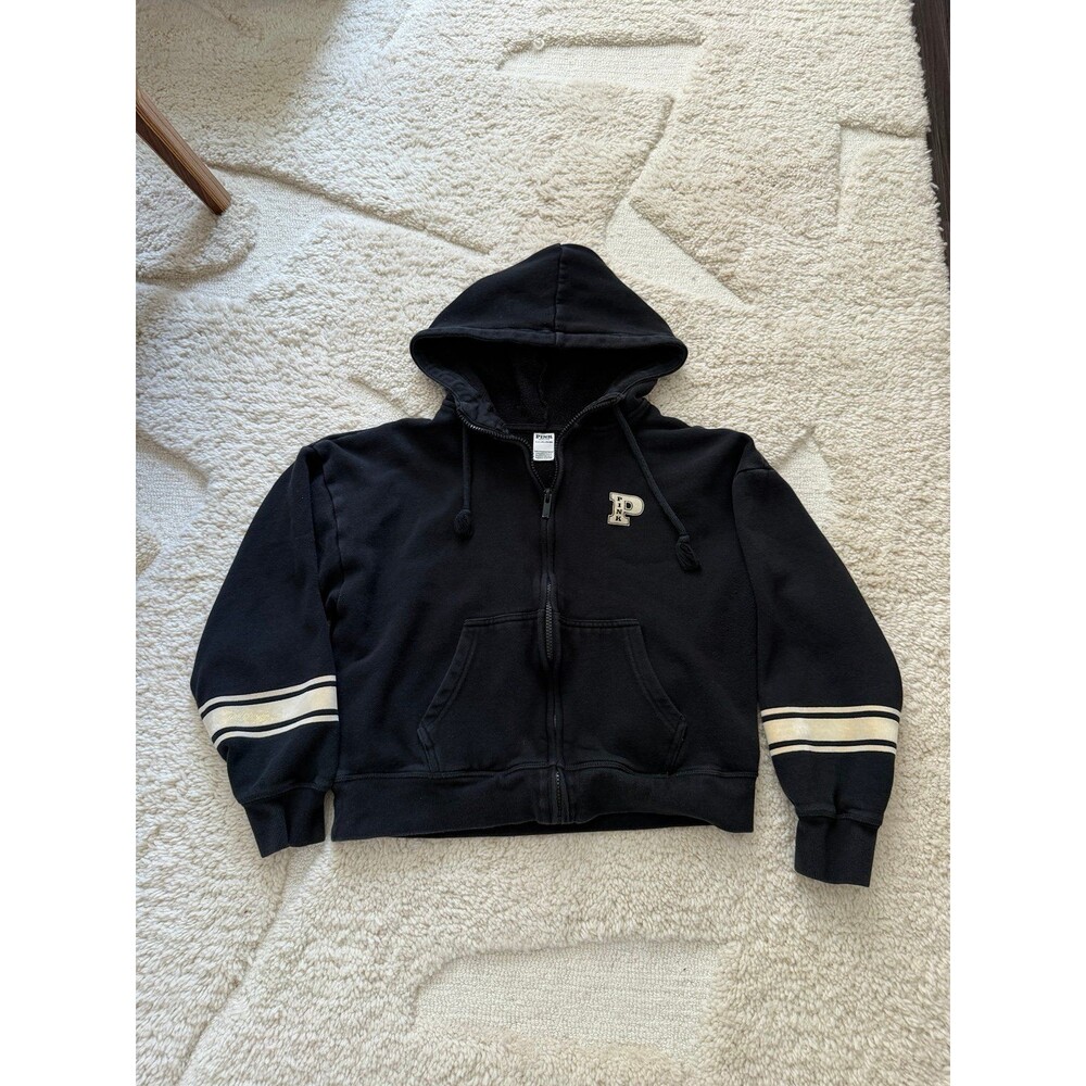 Victoria's Secret PINK Varsity Fleece Full Zip Hoodie Black Stripe Size Small S